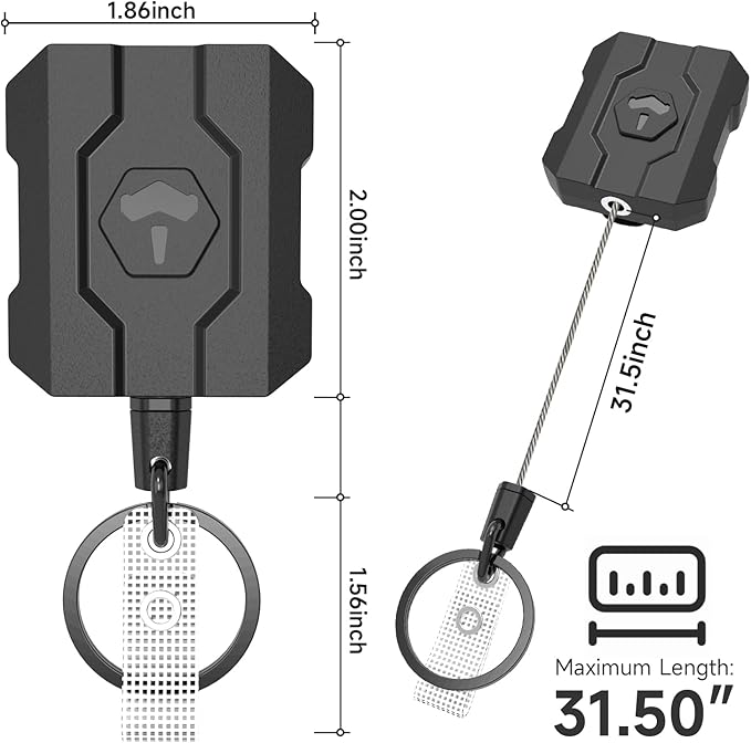 Retractable Keychain Badge Holder with Belt Clip, Heavy Duty Carabiner ID Badge Clip Reel, 32” Steel Retractable Cord, 10 oz Rebound,1pcs Black Belt Clip