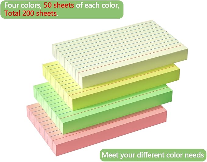 200 PCS Colored Index Cards 3x5, Ruled Index Cards, Flash Cards for Studying, Heavy Note Cards for Office, Home and School,Light Red/Green/Yellow/Beige 4 Colors, 50 PCS of Each Color