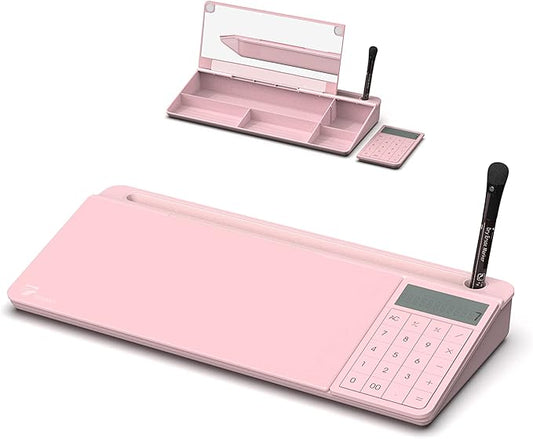 TOWON Desktop Whiteboard with Electronic Calculator and Mirror, Pink Desk Glass Whiteboard Organized, Glass Desktop Dry Erase Board with Accessories for Home Office Supply, Keyboard Dry Erase Notepad