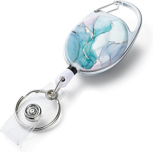 Badge Reels Retractable,Double Sided Color Print Pattern Retractable Badge Holders,with Retractable Keychain, Badge Clip and Key Ring,Durable Nylon Retractable Rope,Green Marble