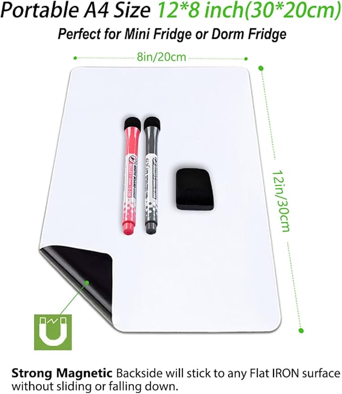 Magnetic Dry Erase Board Fridge Whiteboard Sheet 12"x 8", Easy to Write and Clean, Small Refrigerator White Board for Home Kitchen Shopping List & to Do List, 2 Markers and Eraser with Magnets