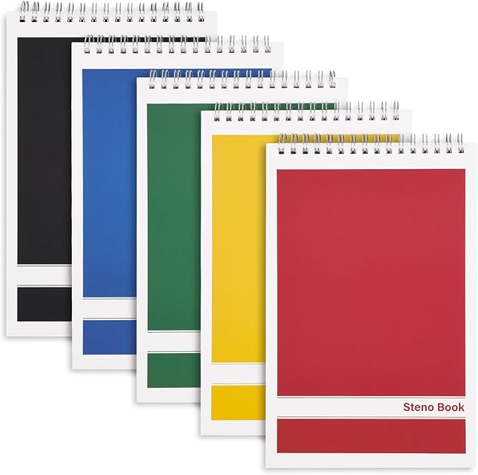 LABUK Steno Pads 6x9 Inches 5 Pack 80 Sheets Spiral Steno Notebooks Gregg Rule, Pocket Notebooks Colorful Covers with Top Spiral Pads for School, University, College, Work, Office, Valentine Gifts