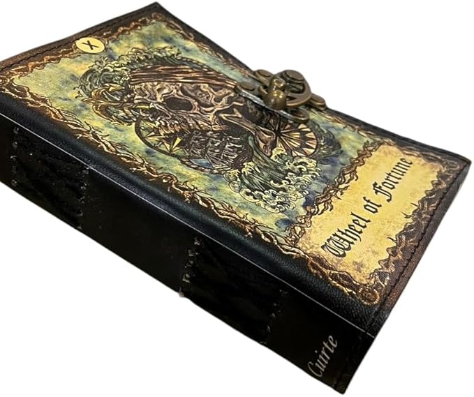 Spell Book of Shadows Journal with Lock Clasp Witchcraft Supplies Vintage Handmade Leather Luna Moths and Morpho Butterfly Print Diary Witchcraft Supplies (Wheel of Fortune)
