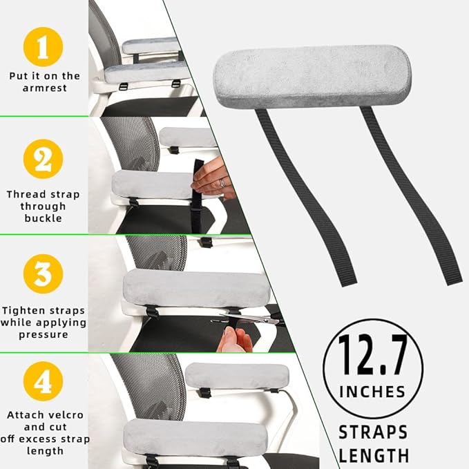 Office Chair Armrest Pads Covers with Memory Foam Elbow Pillow for Forearm Pressure Relief, Arm Rest Covers for Office Chairs, Wheelchair, Comfy Gaming Chair(Grey)