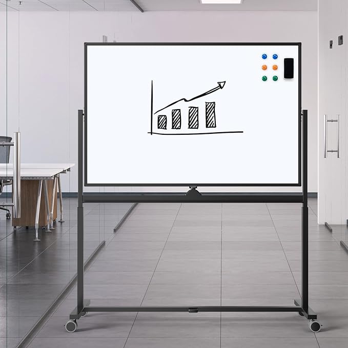 Rolling Whiteboard, 48 x 32 Inches Magnetic White Board with Stand, Double-Sided Large Standing Dry Erase Board on Wheels, Height-Adjustable Mobile Dry Erase Board for Office, Home, Classroom