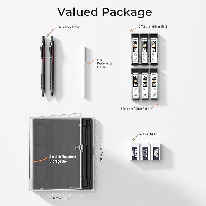 Nicpro 2 PCS Mechanical Pencil 0.5mm & 0.7 mm with Case, MP1000 Metal Artist Pencil Set with 4 Tubes HB Lead Refills, 2 Erasers, 9 Eraser Refills For Art Writing Drafting, Drawing, Sketch, Black