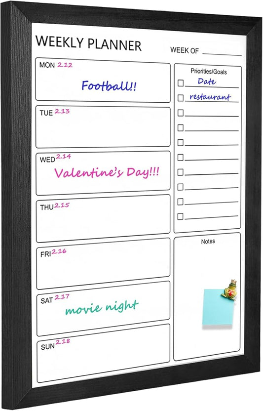 Dry Erase White Board Weekly Calendar Board, Magnetic Whiteboard for Wall,18“x24 Solid Wood Black Framed Message Board, Planner Board for Office, Home, School(Weekly-BB-BK-4560