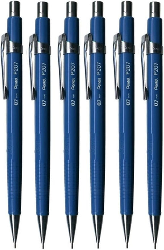 Pentel 0.7mm (P207-C) Blue P200 Series Automatic Mechanical Drafting Pencil Refillable Lead Eraser (Pack Of 6)