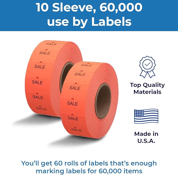 Sale Fluorescent Red Perco Labels for Perco 2 Line Labeler Gun - 10 Sleeve, 60,000 "Sale Labels for Perco 2 Line Date Guns