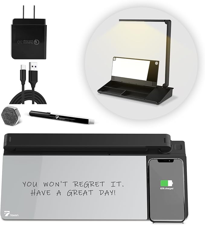 Small Desk whiteboard - Glass Dry Erase White Board- Desk Computer Buddy with Fast Charger Charging Station, Desk Board Buddy with Adjustable Foldable Desk Lamp, Dry Erase Notepad, Black, 17 x 6 in