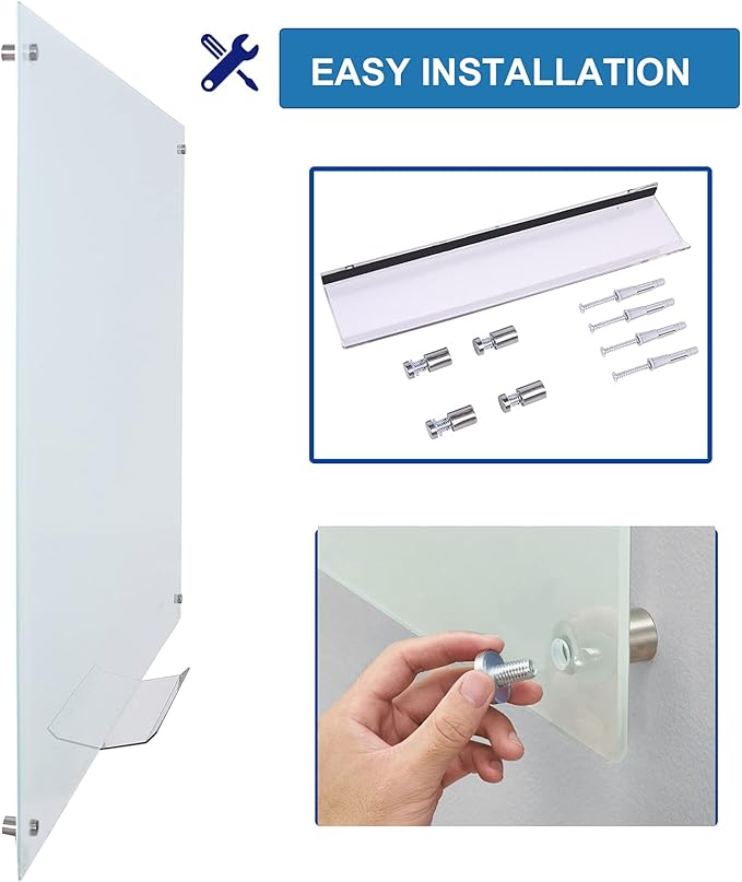 Large Glass Whiteboard Frameless Tempered Glass Dry Erase Board with Marker Tray for Interactive Office, Wall Mounted Frosted Glass Whiteboard (White, 72" x 40")