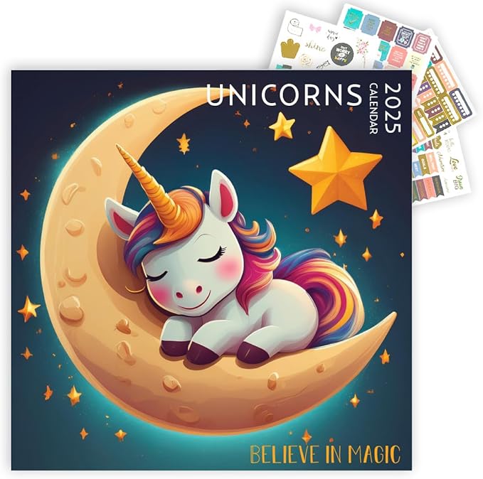 Unicorn Calendar 2025 with Sticker Pack, Large 12 x 12 inch, Unicorn Wall Calendar with Sticker Set, Gift for Unicorn Lovers, Cute Calendar for girls