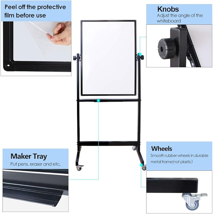 XIWODE Double-Sided Magnetic Dry Erase Board,36 X 24 Inch Mobile Whiteboard on Wheels with Rolling Stand, Black Aluminum Frame