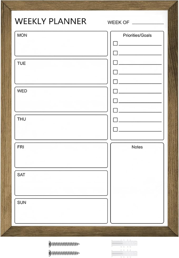 Dry Erase White Board Weekly Calendar Board, Magnetic Whiteboard for Wall,18“x24 Solid Wood Rustic Brown Framed Message Board, Planner Board for Office, Home, School(Weekly-BB-RB-4560)