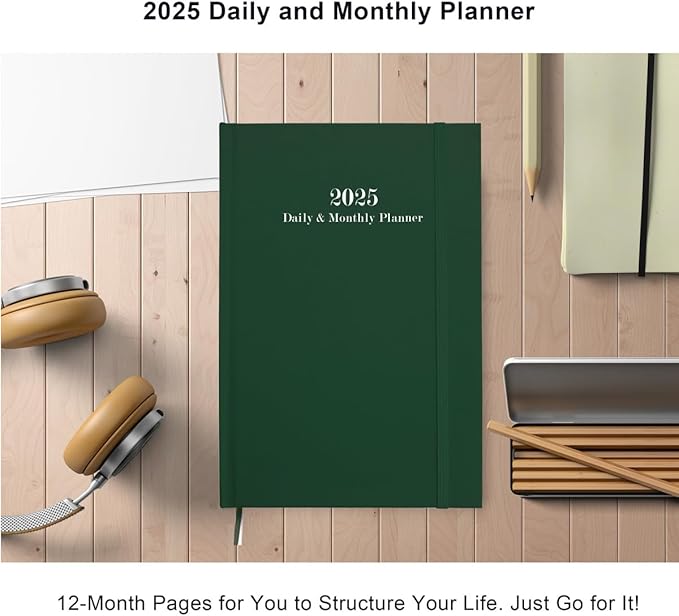 2025 Daily & Monthly Planner - 2025 Daily Planner One Page Per Day from January 2025 to December 2025, Hourly Appointment Book Perfect Organizer Daily Life, Fabric Cover, 5.8'' x 8.3'', Green