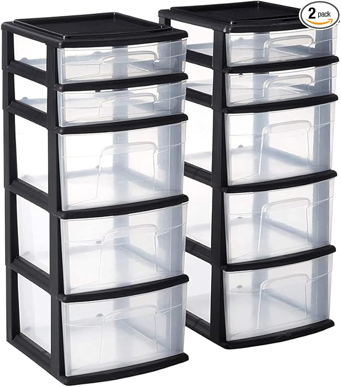 HOMZ 2-Pack 5-Drawer Storage Unit, Home & Office Plastic Organizer, Black Frame