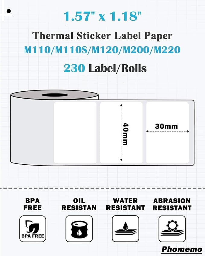 Phomemo Labels - Sticker Thermal Label for M110/M100/M108/M120/M220/M221/M120/M200 Label Printer, 1.57"x1.18"(40x30mm),Phomemo M110 M100 Labels, 690 Labels/3Roll, Square, Black on White