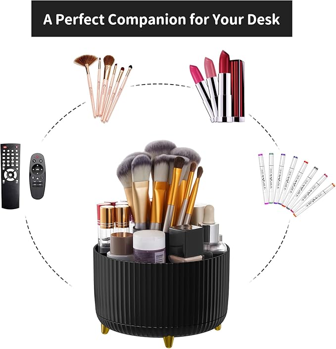 Marbrasse Desk Organizer - 360-Degree Rotating Pen Holder with 5 Compartments, Art Supply Storage Box Caddy for Office and Home (Black)