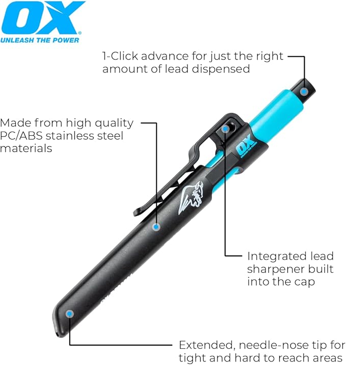 OX Tools Carpenter Pencils Pro Tuff Carbon Marking Pencil Mechanical Construction Pencil With 4 Leads & Pencil Holder & Sharpener Belt Clip Construction Pencil Carpenter Pencil OX-P503210
