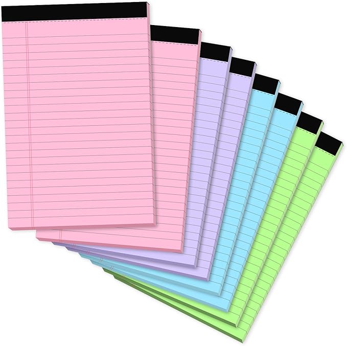 Note Pads 5x8, Narrow Ruled Legal Pad, Multicolor Small Notepads, 30 Sheet/notepad, 8 Pack Colored Legal Pads, Pink Legal Pad, Purple Notepad, Perforated Lined Note Pads for Study, Office, To-Do Lists