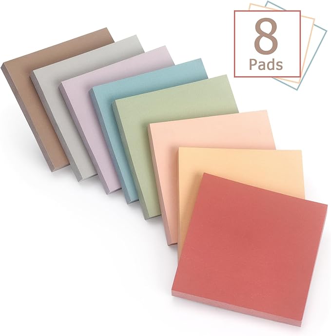Sticky Notes 8 Vintage Colors 3x3in, Self-Stick Notes Pads with Easy to Post for School, Home, Office, 8 Pads/Pack, 80 Sheets/Pad