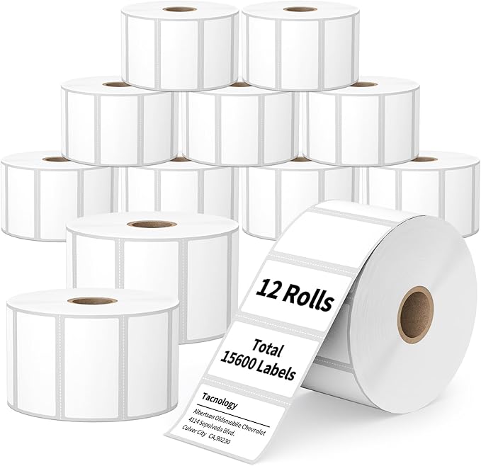 Tacnology 12 Rolls 2" X 1" Direct Thermal Labels - Perforated Barcode Replacement Labels - Compatible with Rollo & Zebra Desktop Printers - FBA Adhesive Address Shipping Labels- 1300 Labels/Roll