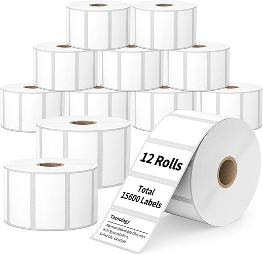 Tacnology 12 Rolls 2" X 1" Direct Thermal Labels - Perforated Barcode Replacement Labels - Compatible with Rollo & Zebra Desktop Printers - FBA Adhesive Address Shipping Labels- 1300 Labels/Roll