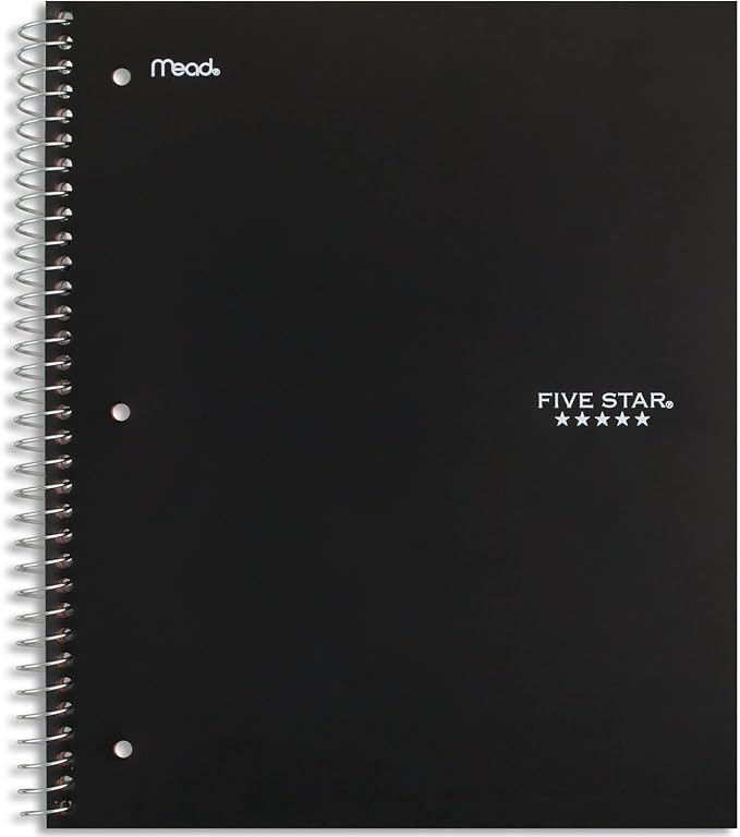 Five Star Spiral Notebook Plus Study App, 5 Subject, Wide Ruled Paper, Fights Ink Bleed, Water Resistant Cover, 8" x 10-1/2", 200 Sheets, Black (72045)