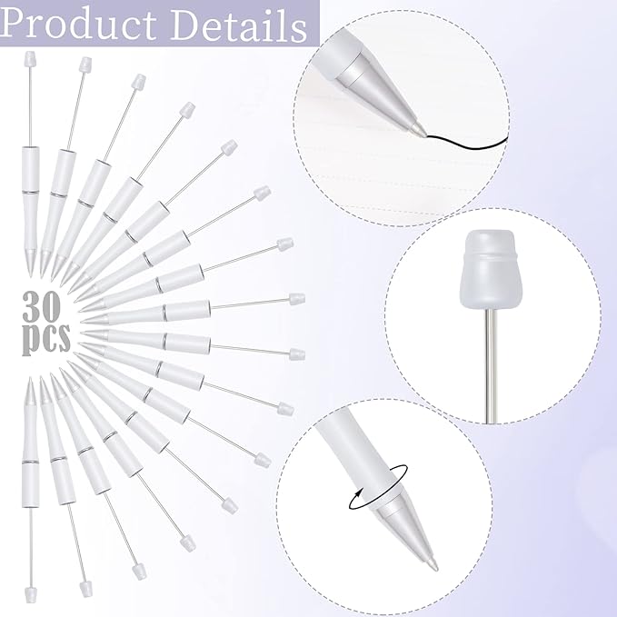 jiebor 30Pcs White Beadable Pens Plastic Bead Pen Black Ink Ballpoint Pens Diy Pens Cute Cool Pens for Teacher Bridal Graduation Gift Office Supplies