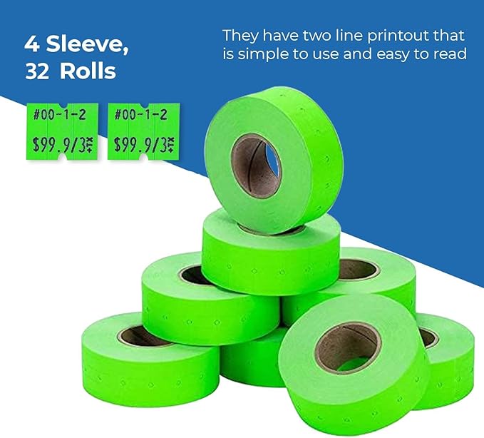 Perco 2 Line Fluorescent Green Labels - 32 Rolls, 4 Sleeves, 24,000 Blank Price and Date Gun Labels for Perco 2 Line Price and Date Guns - Made in USA