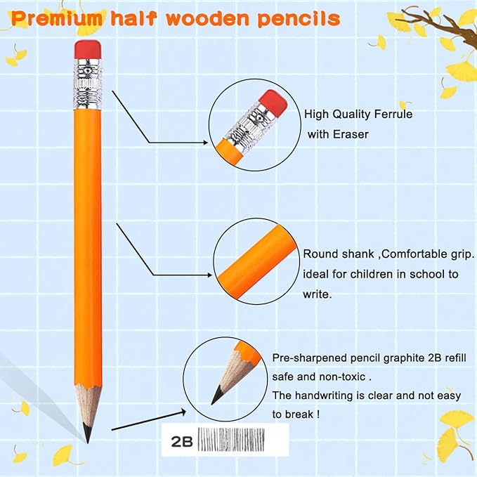 Adhere 25pcs Golf Pencils with eraser Hexagon Wooden Pencils Graphite 2B for Golf Event Scoring,Classroom,Wedding,Company Meetings,Pew, Pocket (z-Orange・Round ・50pcs)
