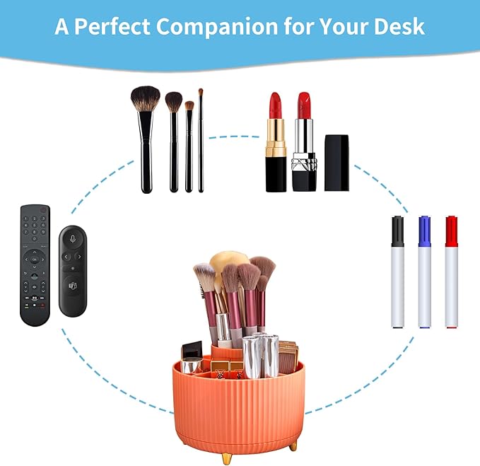 Marbrasse Desk Organizer, 360-Degree Rotating Pen Holder for Desk, Desk Organizers and Accessories with 5 Compartments Pencil Organizer, Art Supply Storage Box Caddy for Office, Home (Orange)