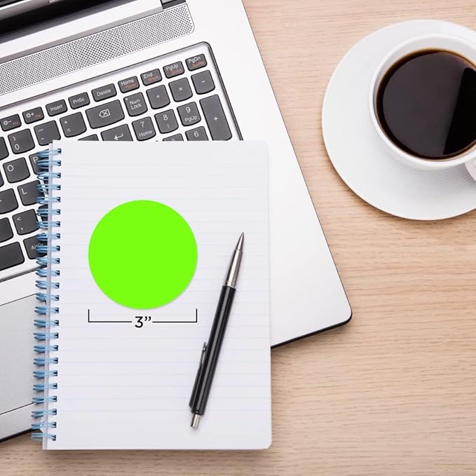 ChromaLabel 3 Inch Round Sticker Labels, High Visibility Permanent Sticky Dots Color Coding Labels, Easy to Write On Color Coded Stickers - 500 Colored Labels per Roll - Matte Finish Fluorescent Green