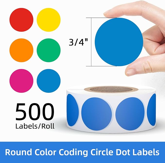 3000 PCS Printholic 3/4" Round Color Coding Circle Dot Sticker Labels 6 Color Includes Bright Yellow Green Red Pink Orange Blue(500 Labels/Roll)