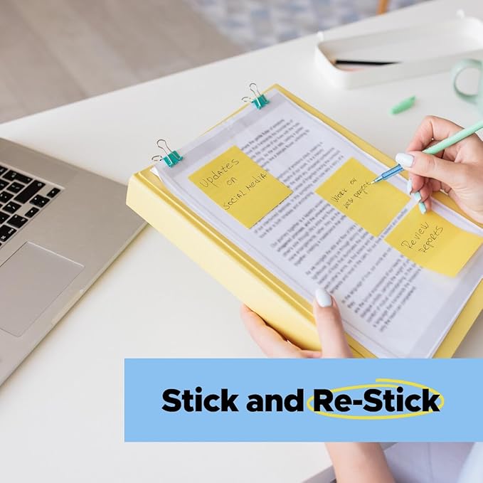 Post-it 100% Recycled Paper Super Sticky Notes, Canary Yellow, 3 in. x 3 in., 12 Sticky Note Pads, 70 Sheets per Pad, School Supplies and Office Products