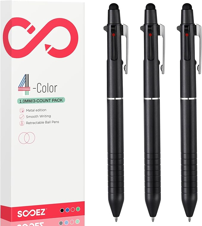 Sooez Multicolor Pen in One, Sleek Metallic 4 Color Ballpoint Pens, Medium Point (1.0mm), Retractable Ball Pen with Stylus Tip, Journaling Planner Pens for Nursing School Office Supplies, 3 Pack