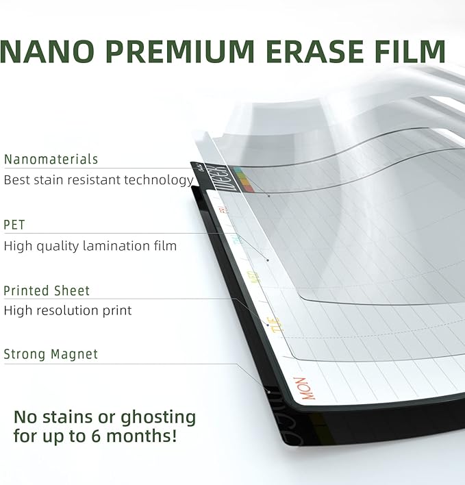 Magnetic Dry Erase Weekly Calendar - 17"x12" Weekly Planner for Fridge - 6 Extra Fine Point Markers Included - Shipped Flat