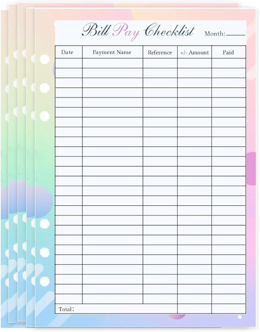 Payment Checklist Refills Paper Colorful Monthly Budget Forms for A5 Binder 6-Hole Punched 100 Sheets/200 Pages 5.8"" x 8.3""