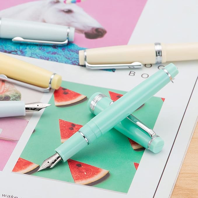 Jinhao 82 Yellow Acrylic Fountain Pen, Iridium Bent Nib Classic Design Smooth Writing Pen with Ink Converter (Silver Trim)