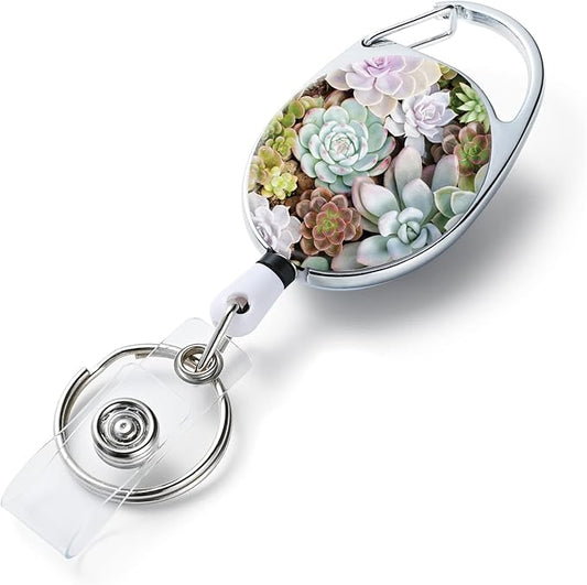 Badge Reels Retractable,Double Sided Color Print Pattern Retractable Badge Holders,with Retractable Keychain, Badge Clip and Key Ring,Durable Nylon Retractable Rope,Succulents