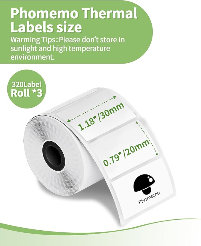 3 Roll Thermal Labels for Phomemo M110/M221/M220/M120/M200/M110S Label pirnters,1.18" x 0.79" (30x20mm),Tape Self-Adhesive Thermal Paper for Barcode,QR Code,320 Labels/Roll Black on White
