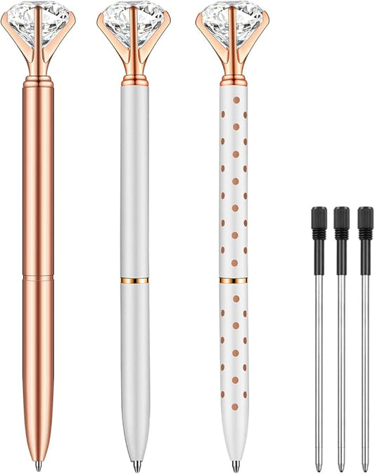 PASISIBICK 3 PCS Crystal Diamond Ballpoint Pen Bling Metal Pen Office Supplies, Rose Gold/Silver/White With Rose Polka Dots/Rose Gold With White Polka Dots, Includes 3 Pen Refills