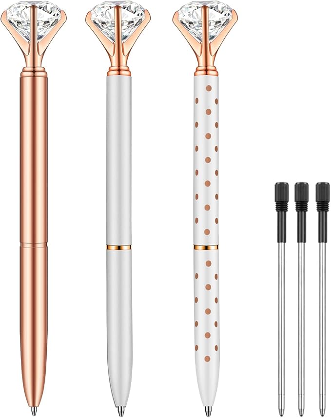 PASISIBICK 3 PCS Crystal Diamond Ballpoint Pen Bling Metal Pen Office Supplies, Rose Gold/Silver/White With Rose Polka Dots/Rose Gold With White Polka Dots, Includes 3 Pen Refills