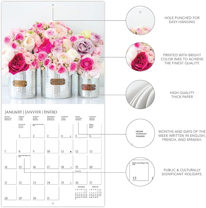 Graphique 2024 Garden Bouquets Wall Calendar | 12” x 12” | Thick Paper | Home & Office Organizer | Large Monthly Grid | 3 Languages & Marked Holidays | 4 Month Preview Page for 2025
