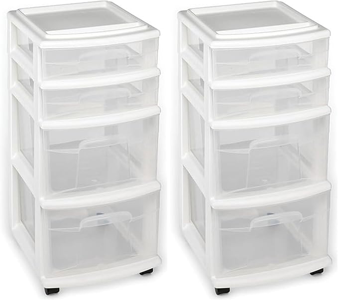Homz Clear Plastic 4 Drawer Medium Home Storage Container Tower w/2 Large and 2 Small Drawers, and Removeable Caster Wheels, White Frame (2 Pack)