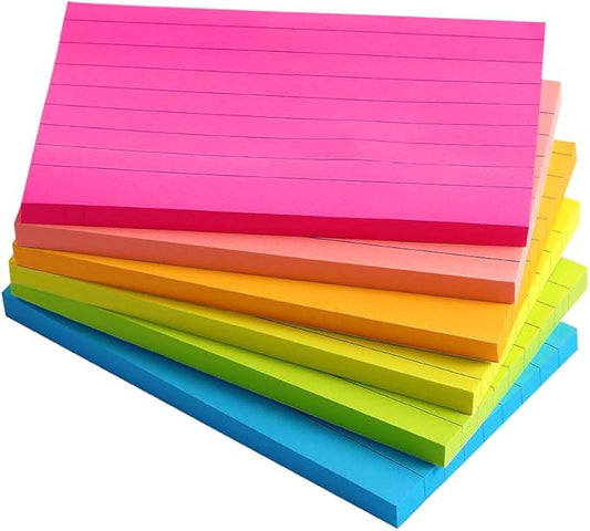 Lined Sticky Notes 3X5 in Bright Ruled Post Stickies Colorful Super Sticking Power Memo Pads Its Strong Adhesive, 6 Pads/Pack, 75 Sheets/pad