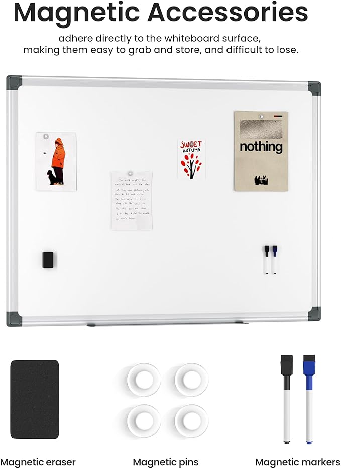 VUSIGN 3PCS Magnetic White Board Hanging 36" x 48" for Office, Class, Home, Sliver Aluminum Frame, 3 Dry-Erase Eraser, 6 Multicolor Marker, 12 Magnetic Pins