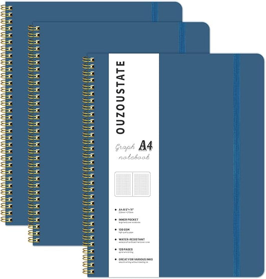 Graph Paper Notebook 8.5" x 11", A4 Blue Grid Notebook Journal Hardcover College Ruled Notebook for Work, 120 Pages 100GSM Large Thick Spiral Writing Journal for Women & Men
