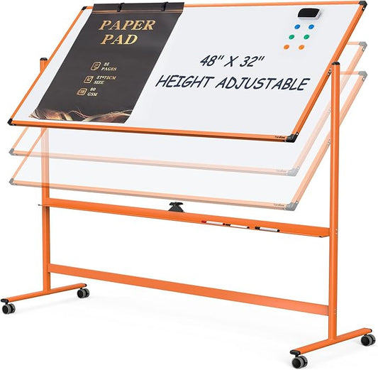 Whiteboard on Wheels, 48x32 Inches Mobile Whiteboard, Rolling Dry Erase Board with Stand, Magnetic Standing White Board for Office, School, Home, Large Double Sided White Board with Paper Pad