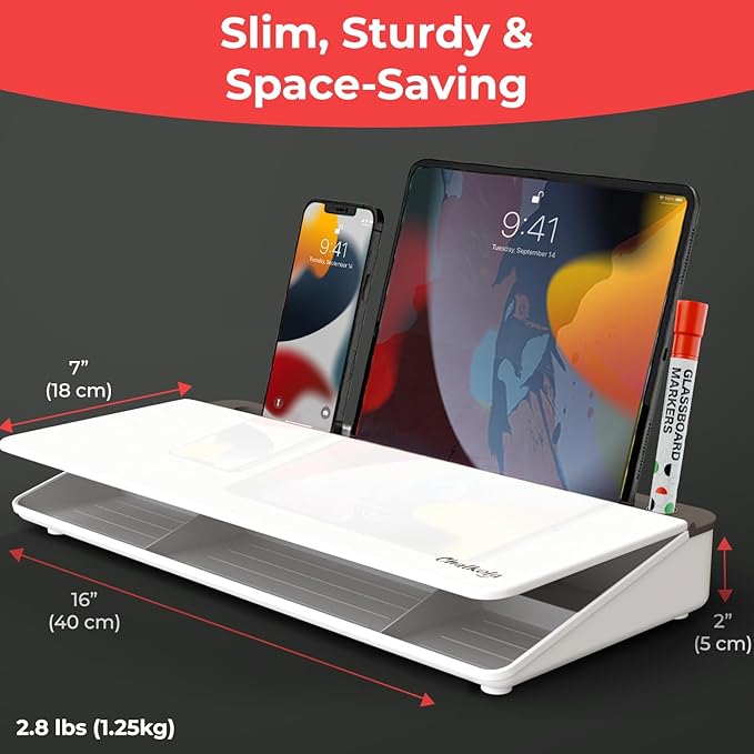 Chalkola Glass Desktop Whiteboard with Storage - Dry Erase Board, Work Desk Organizers, Computer Keyboard Stand, Home Office Desk Accessories, Small White Board, Workspace Desktop Buddy + 3 Markers
